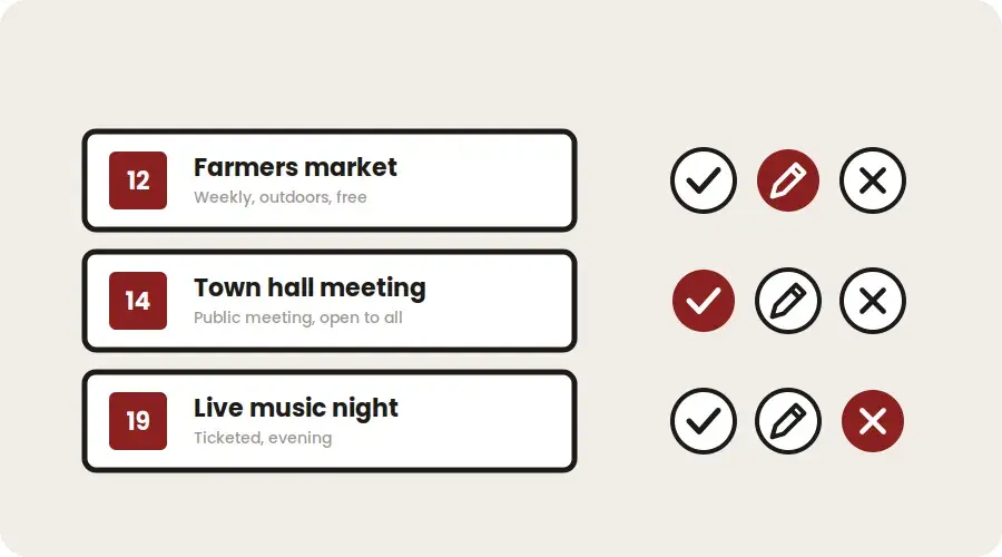 Three submitted events in a review queue, each with approve, edit, and decline controls