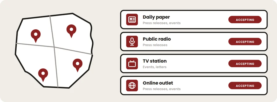 A map and directory of nearby newsrooms accepting press releases, events, and letters