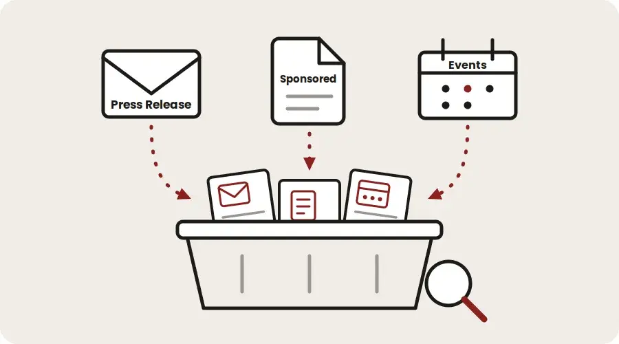Press releases, sponsored posts, and event listings dropping into one searchable inbox