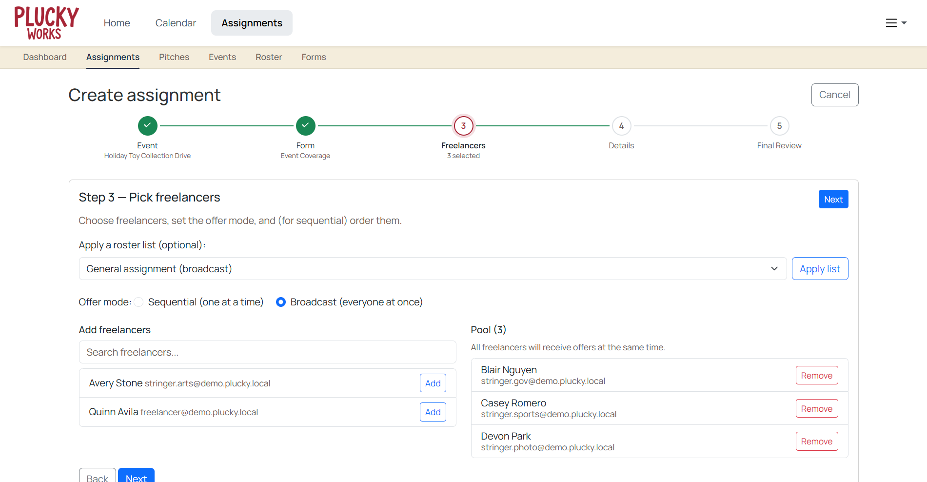 Creating an assignment in Assignments: the freelancer step of the wizard, with a pool of three stringers offered event coverage