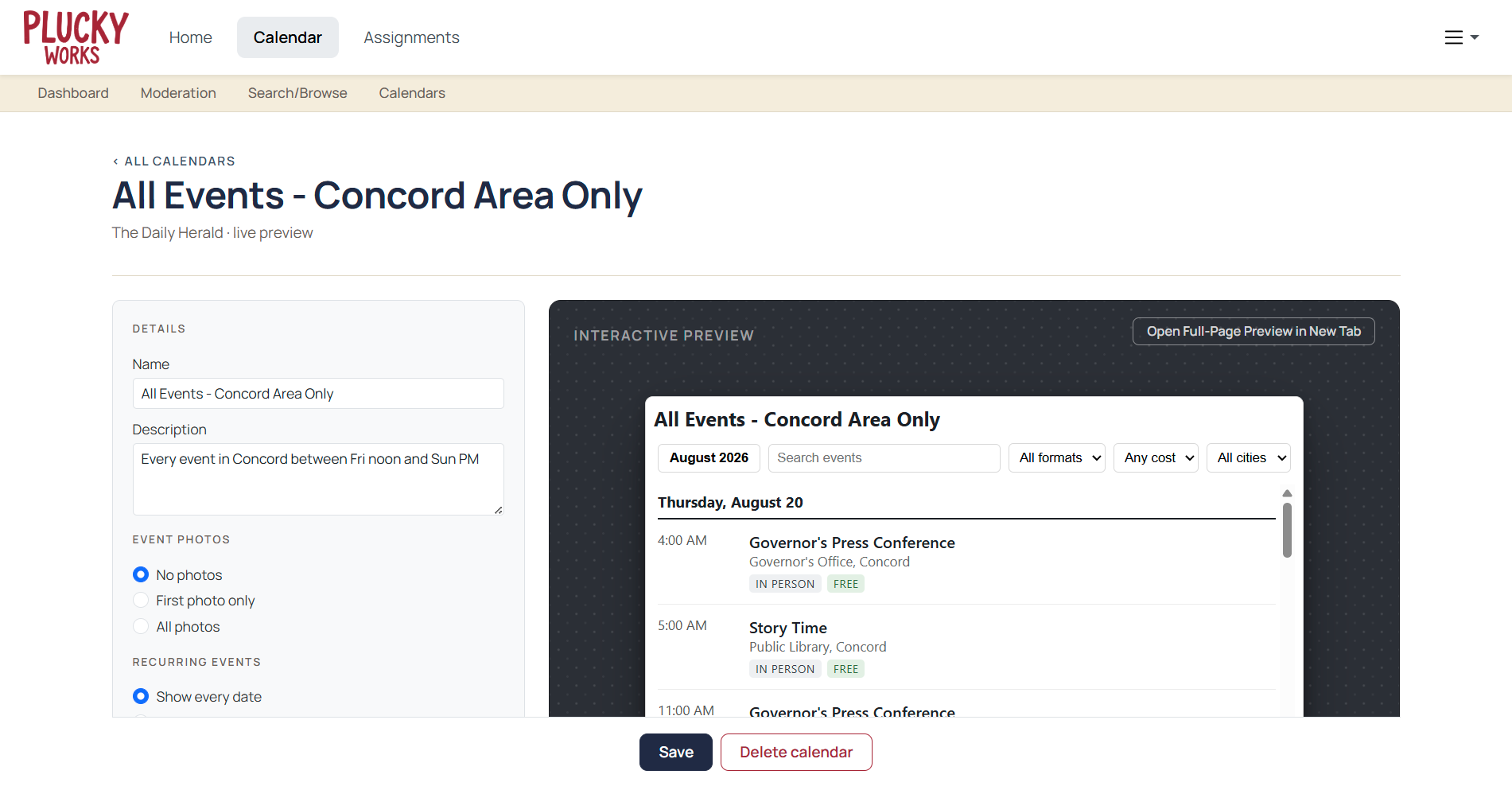 Building a calendar in Calendar: settings for a Concord-area events calendar beside a live preview of the published listing