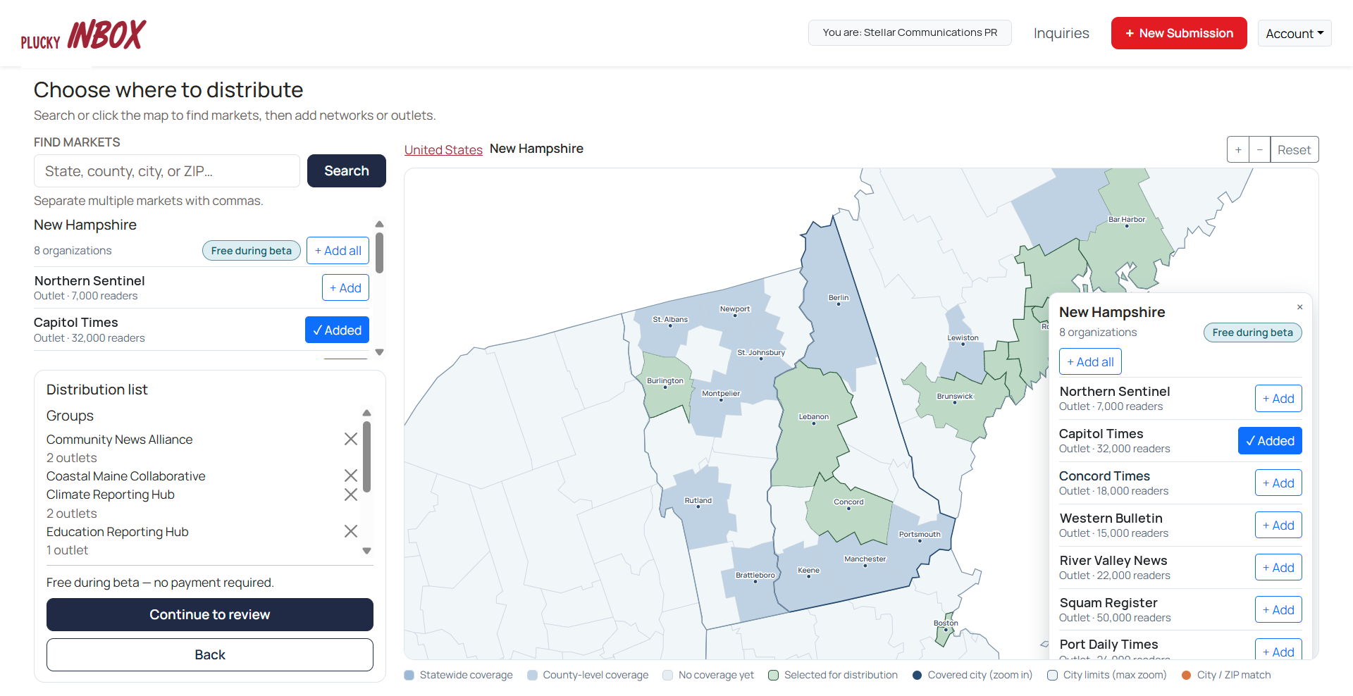 Choosing where to distribute a press release in Inbox: a coverage map of northern New England with newsrooms selected, beside the distribution list