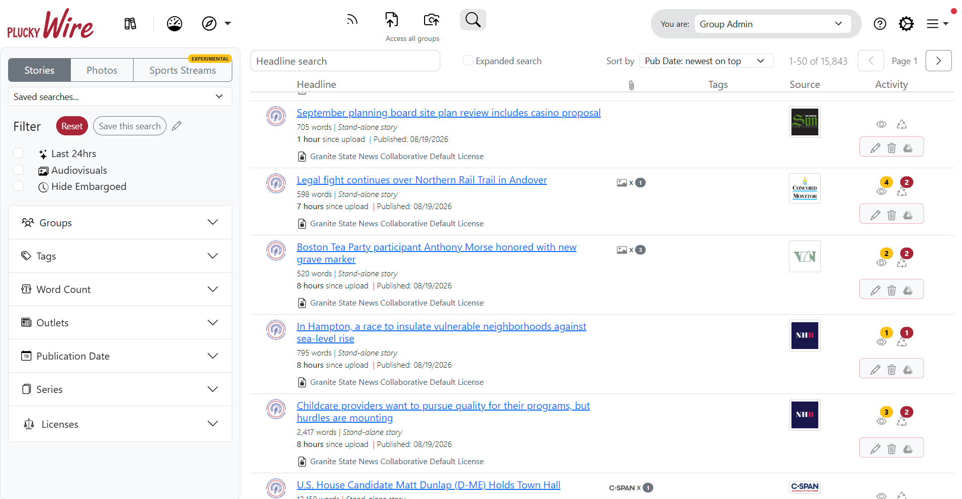 Searching stories in Wire: shared headlines from newsrooms across a statewide network, with filters for groups, tags, outlets, and licenses